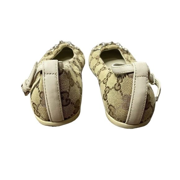 GUCCI Tan Monogram Horsebit Girls Flats 31 / US 13 Logo Ankle Strap - Picture 4 of 8